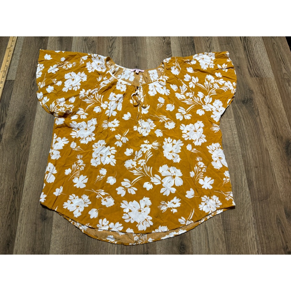 Ahlaray Blouse Short Sleeve V-neck Brown White Floral Women's Plus Size 1X